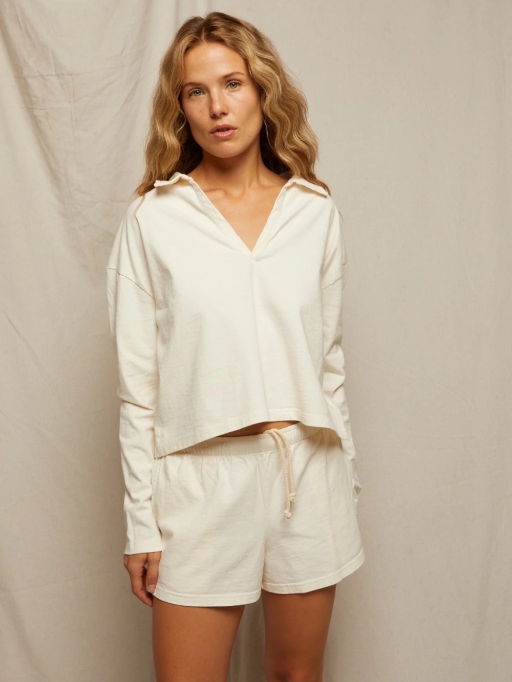 perfectwhitetee Alison Tennessee Jersey Collared Long Sleeve Ivory Cropped Top
